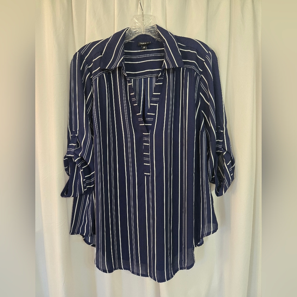 Torrid Harper Navy/White Striped Semi Sheer Blouse
